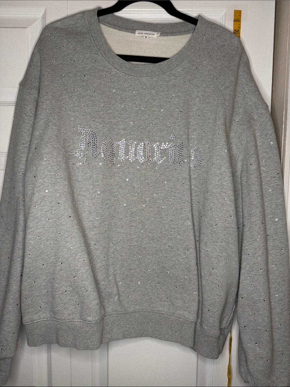 Good American Gray Rhinestone Logo Crewneck Sweatshirt Aquarius